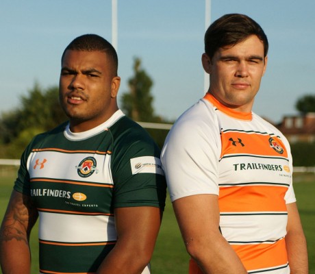Kyle Sinkler (left) and Anders Nilson proudly show off the shirts Ealing Trailfinders will be wearing in their debut Championship season